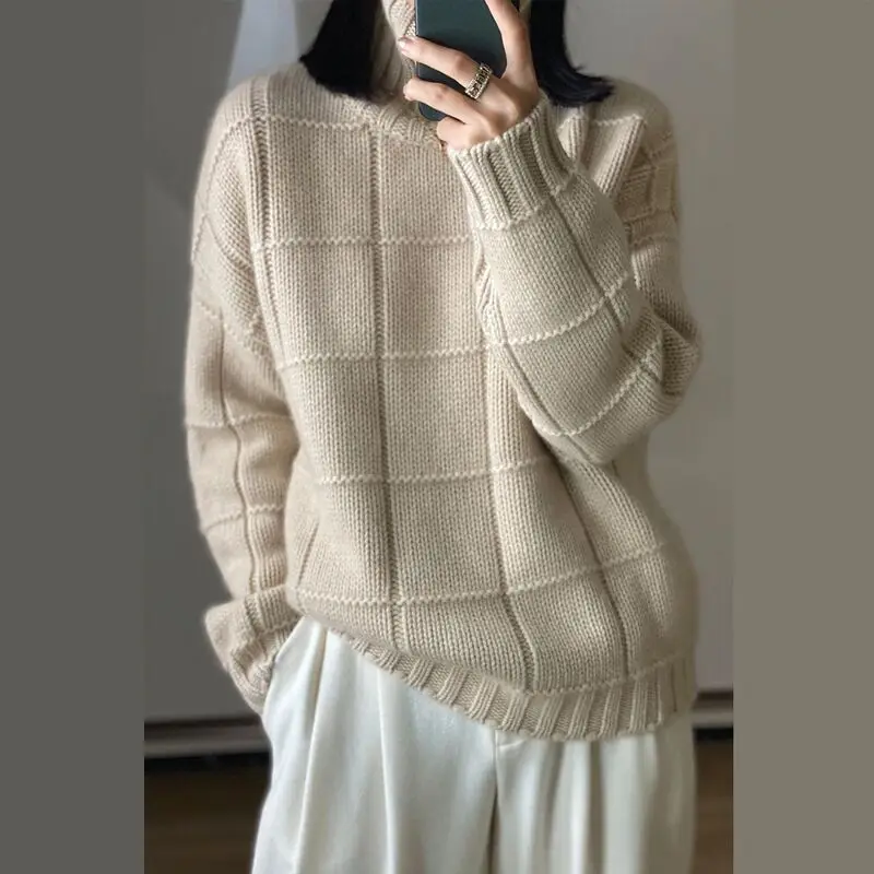 High-neck Thick Cashmere Sweater Women Loose Korean Style Lazy Autumn Winter New Wool Knitted Sweater Turtleneck Pullover Female