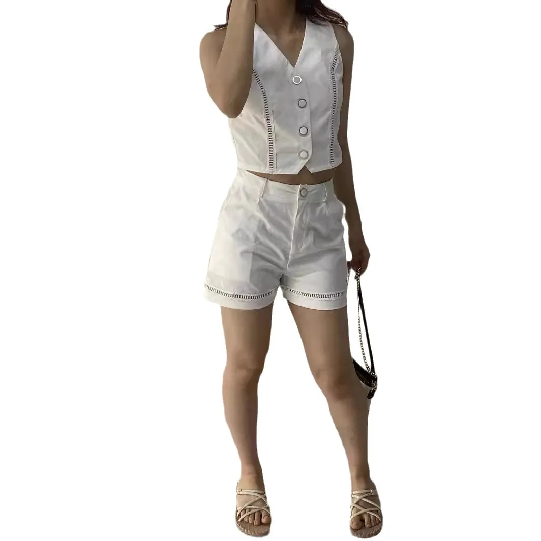 Новые комплекты из 2 предметов женский наряд 2024 модный ажурный жилет топ и шорты