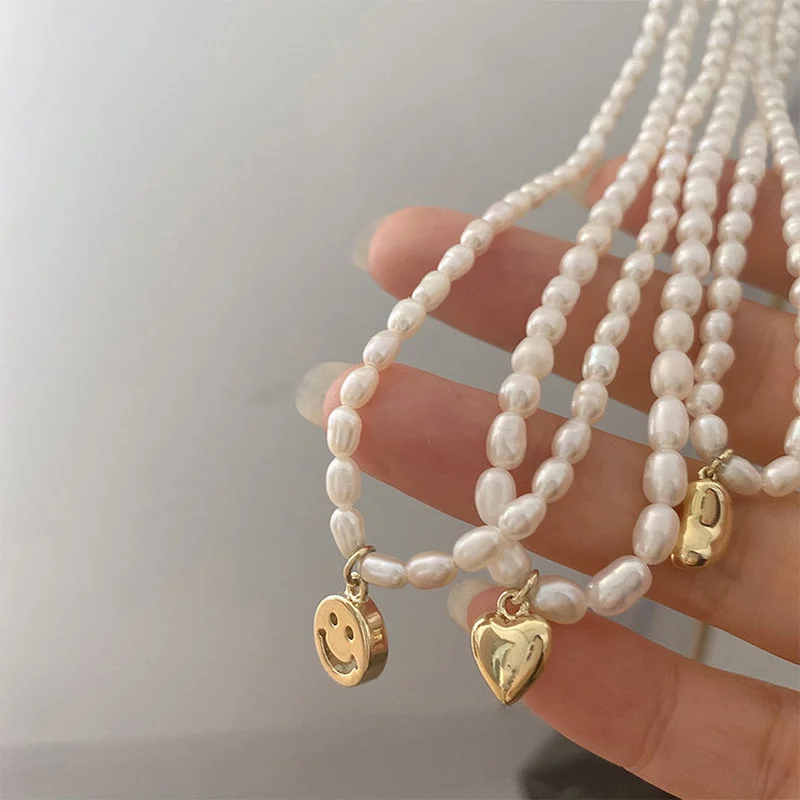 

Minar Cute Lovely Natural Freshwater Pearl Beaded Necklaces for Women Heart Smile Face Bean Pendant Necklace Every Day Jewelry