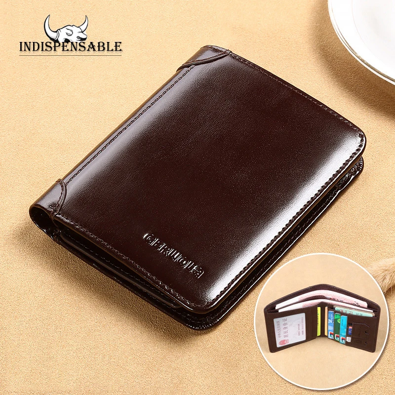 Men's Wallets RFID Genuine Leather Trifold Short Wallets For Man with ID Window Vintage Thin Credit Card Holder Purse Money Bag