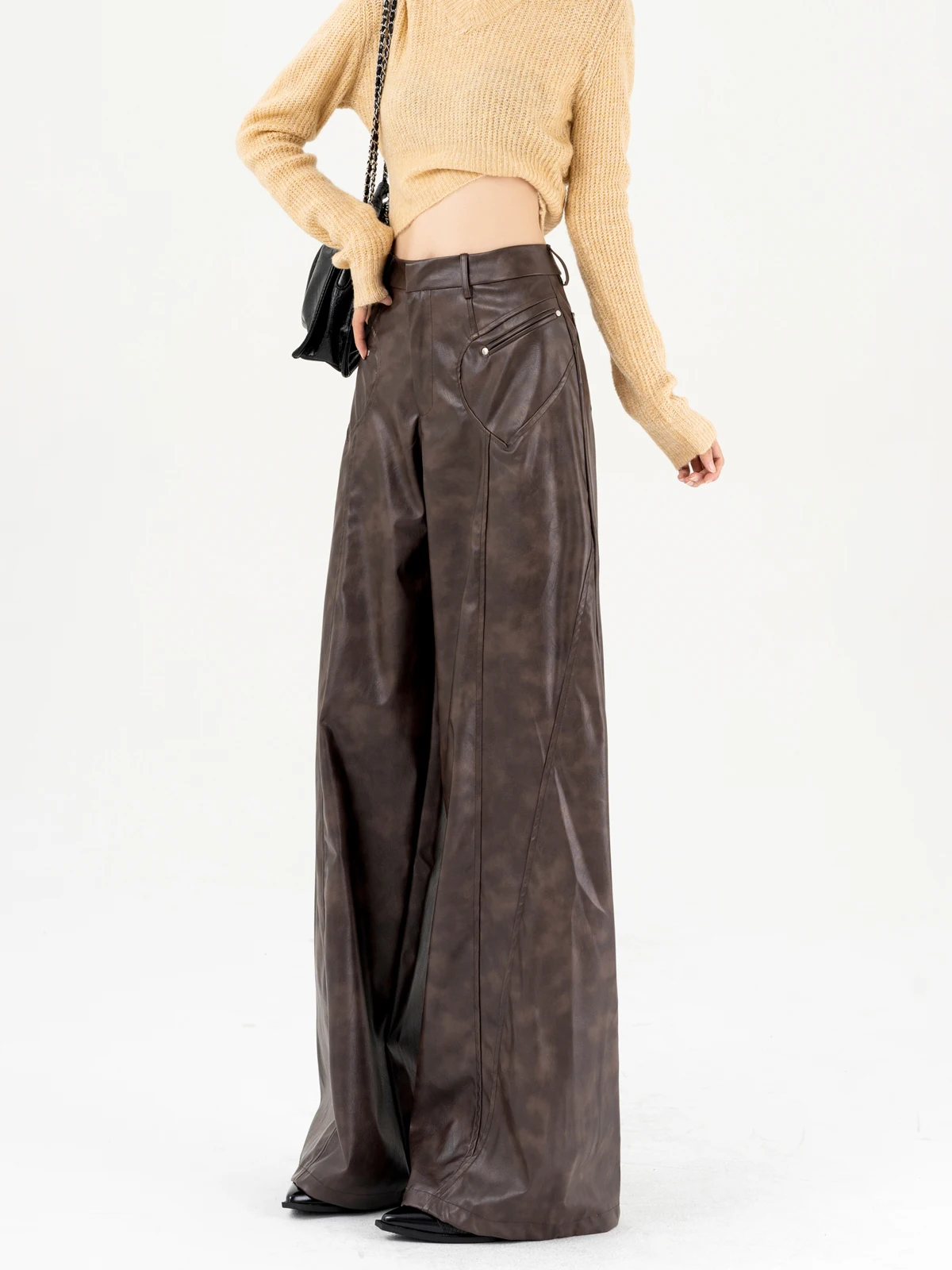 Винтажные коричневые женские брюки из искусственной кожи уличная одежда в стиле