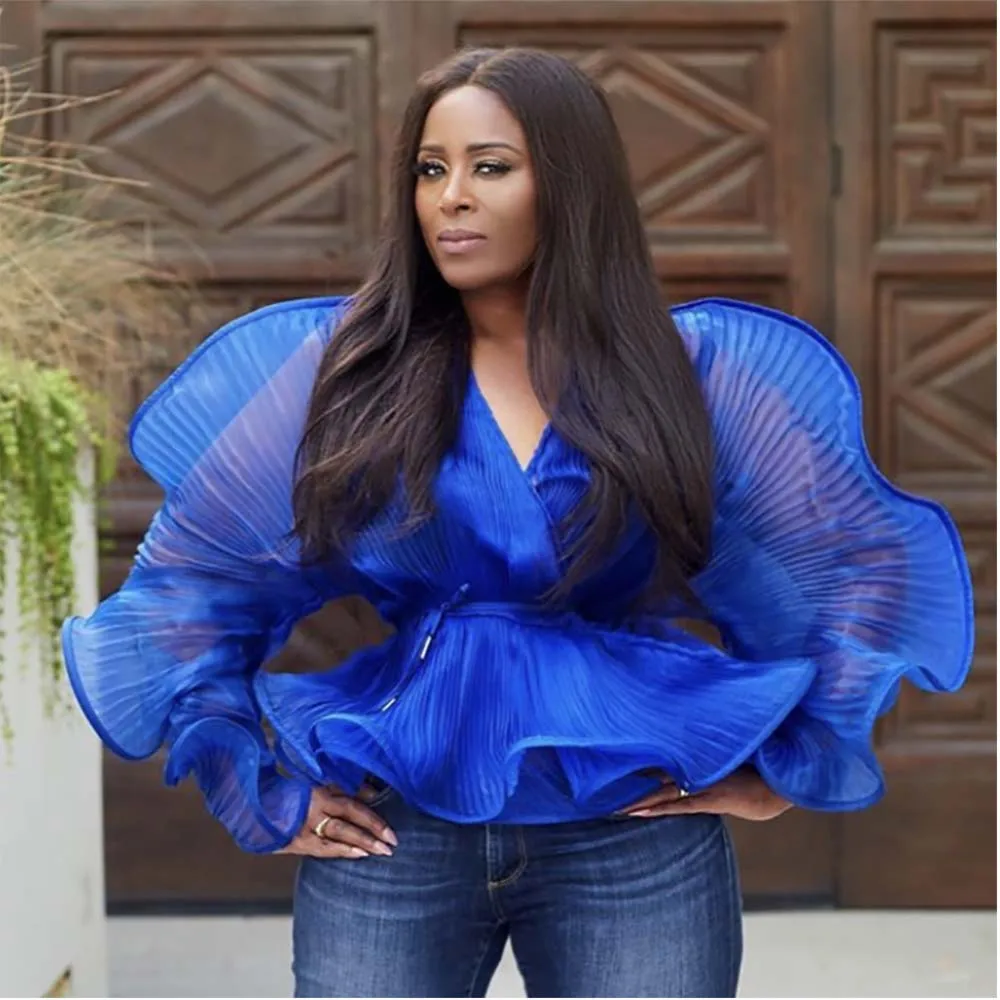 

Blue Batwing Sleeve Patchwork Mesh Sleeve Tops Women Spring Batwing Sleeve Lady Blouses Shirts 2022 Fashon African Summer