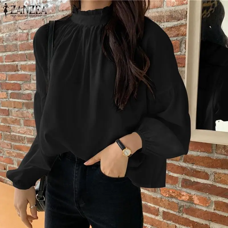 

ZANZEA Spring Women Puff Sleeve Stand Collar Solid Blouse Ruffles Female Loose Work OL Blusas Elegant Fashion Holiday Retro Tops