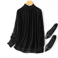 new natural silk ladies tops office lady solid stand collar black free shipping items clothes for women blusa feminina