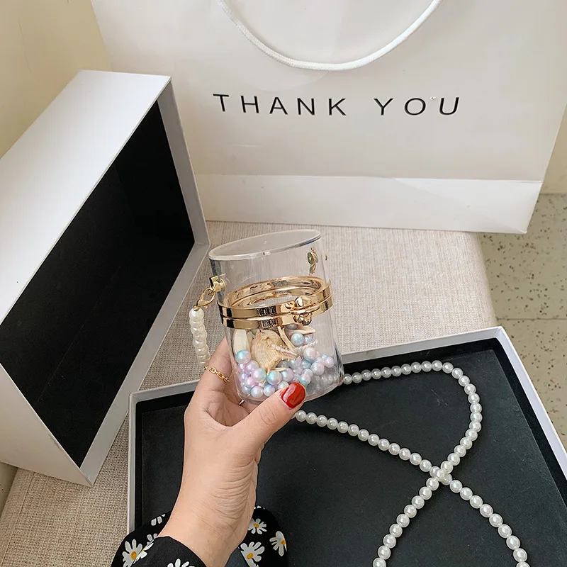 

Clear Acrylic Box Clutch Purse Women Transparent Handbag Plastic Barrel Shaped Bag Girl Summer Party Bag with pearl chain