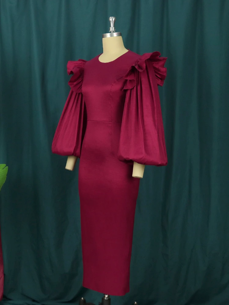 Платье женское бордовое средней длины с пышным рукавом батальных размеров 3XL 4X