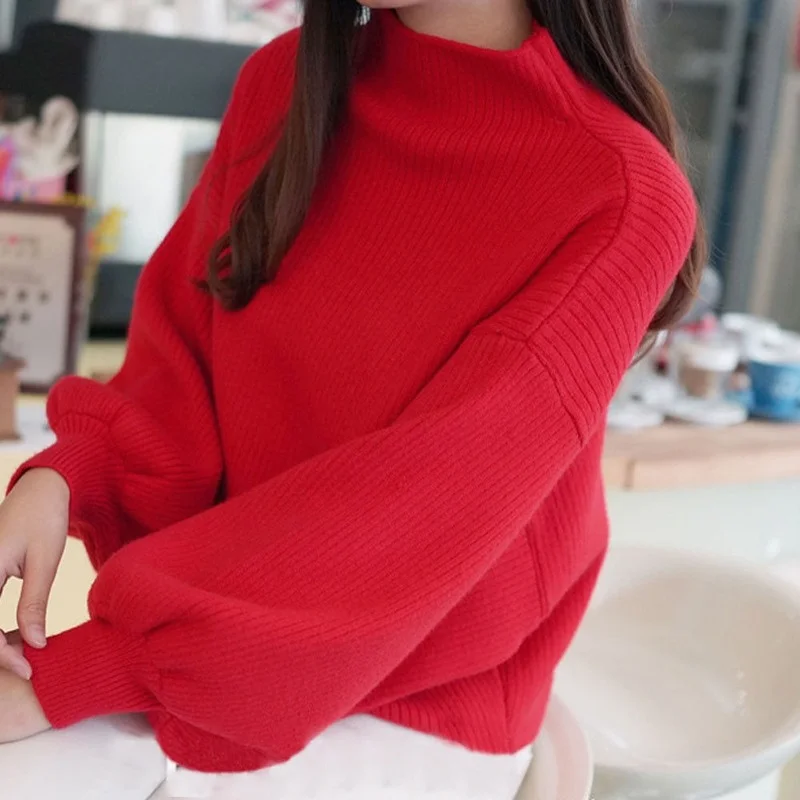 

Loose Female Pullovers Solid Color Jumper Knitted Casual Women Sweater Lantern Sleeve Pullover Solid Basic Knitwear X25