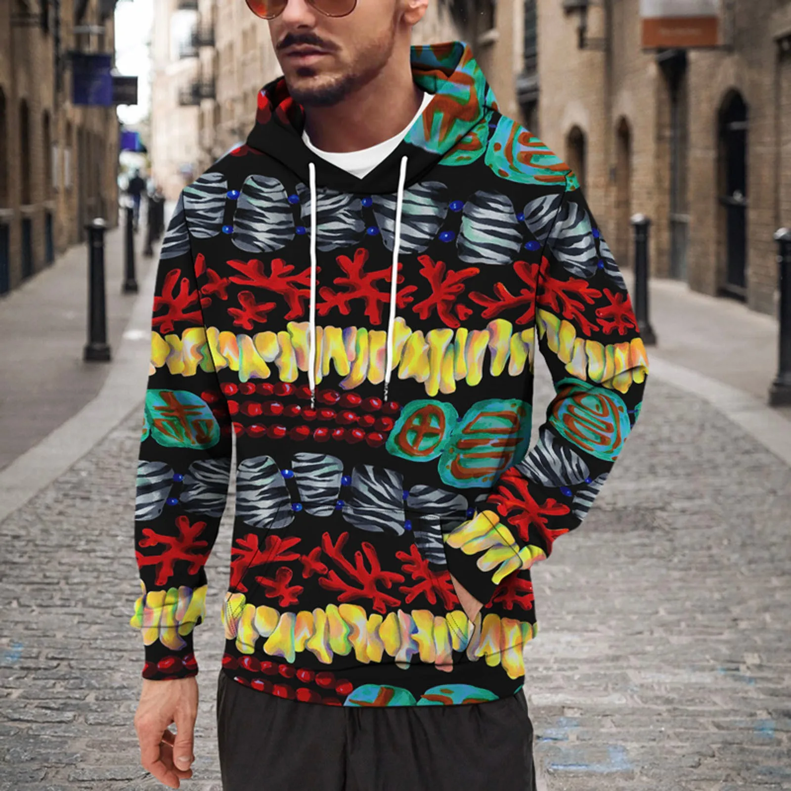 

Толстая флисовая роскошная мужская толстовка с капюшоном и графическим принтом