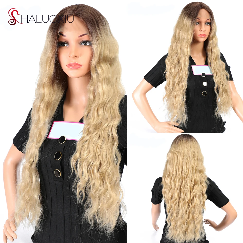 

Ombre Gold Long Wavy Lace Frontal Wigs 13x1 1B Color Middle Part Synthetic Hair Lace Front Wigs Natural Hairline 28Inch ForWomen