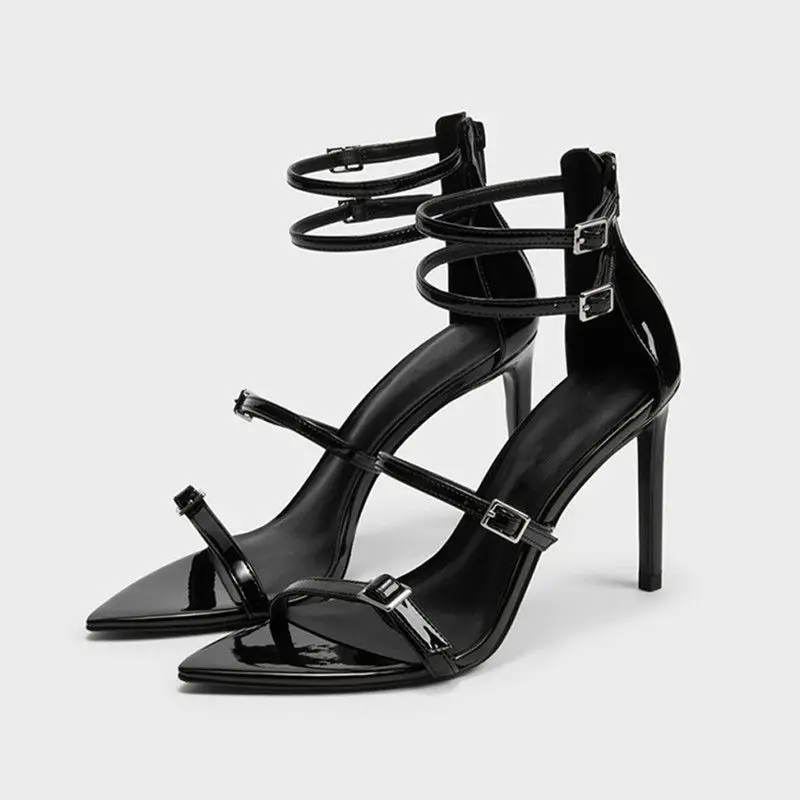 

New2023 Summer Women Gladiator Sandals Black Patent Leather Narrow Band Prom Party Shoes Buckle Decor High Heels White Sandalias