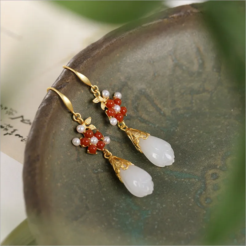 

Uglyless Luxury Plated Real Gold 925 Silver Earrings for Women Party Dress Jewel Natural Pearls Agate Jade Floral Earrings E1852