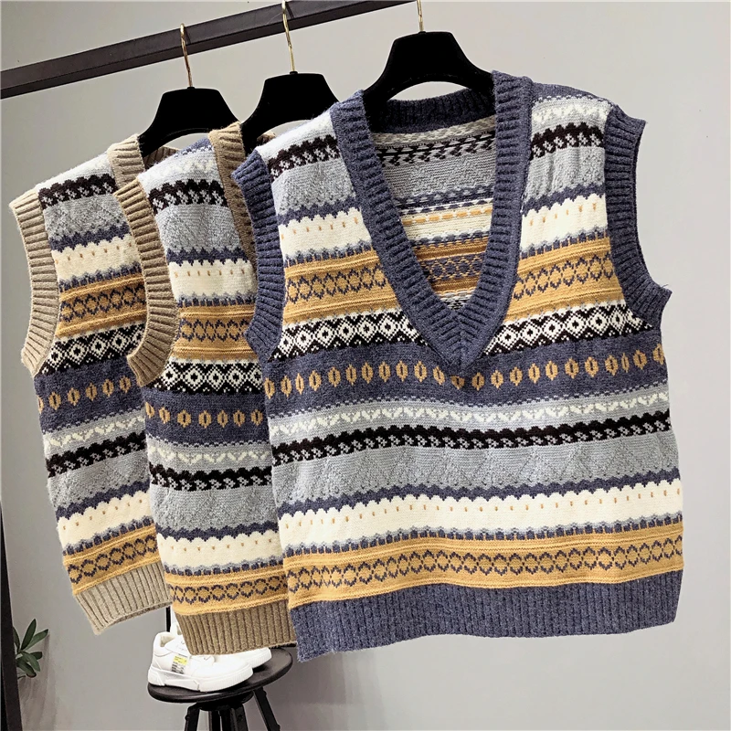 

Women Sweater Vest Pullover Autumn Winter Loose Vintage Sweaters V-neck Vest Waistcoat Preppy Style Y2k Tank Top Female Clothing
