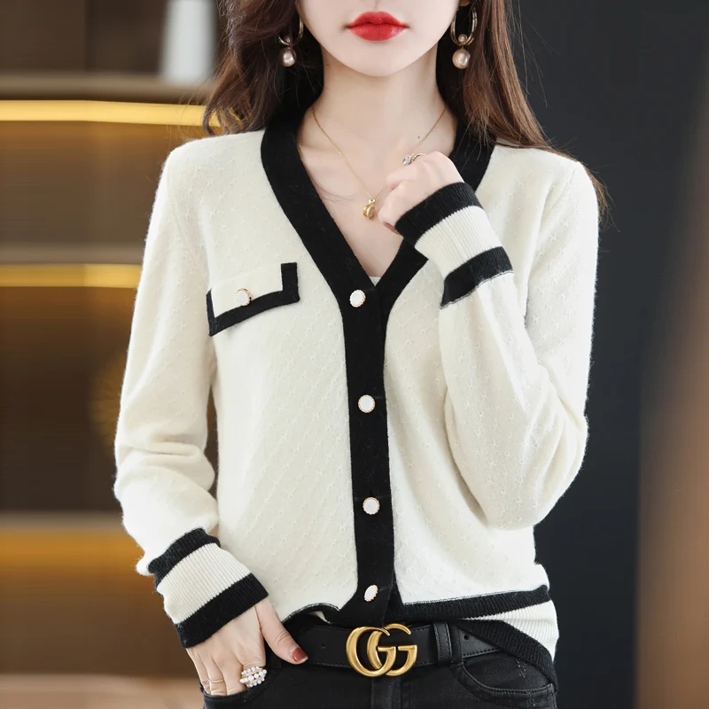 

Ladies Spring 100%Wool/Cashmere Cardigan New V-Neck Colorblock Coat Knit Fashion Sweater Loose Shirts High-End Wild Women Jacket