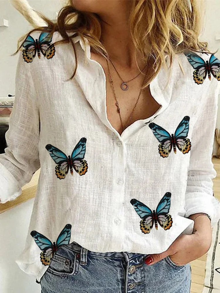 

Cotton Linen Shirt Vintage Butterfly Print Top Lapel Long Sleeve OL Women Tops Casual White Oversized Button Up Shirts Blusas