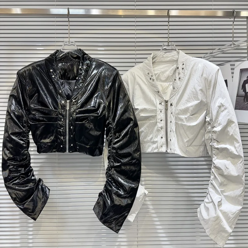 

PREPOMP 2023 зимняя новая коллекция с металлическими заклепками с рукавами с рюшами дизайнерское тонкое пальто из искусственной кожи и хлопка Женская короткая куртка GM297