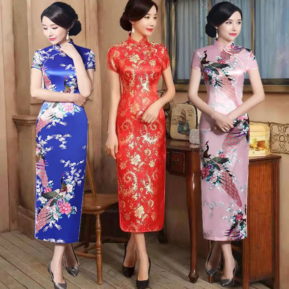 

Chinese Style Vintage Qipao Summer Short Sleeve Long Qipao Traditional Dress Women's Chinese Cheongsam Middle Age Women Clothing