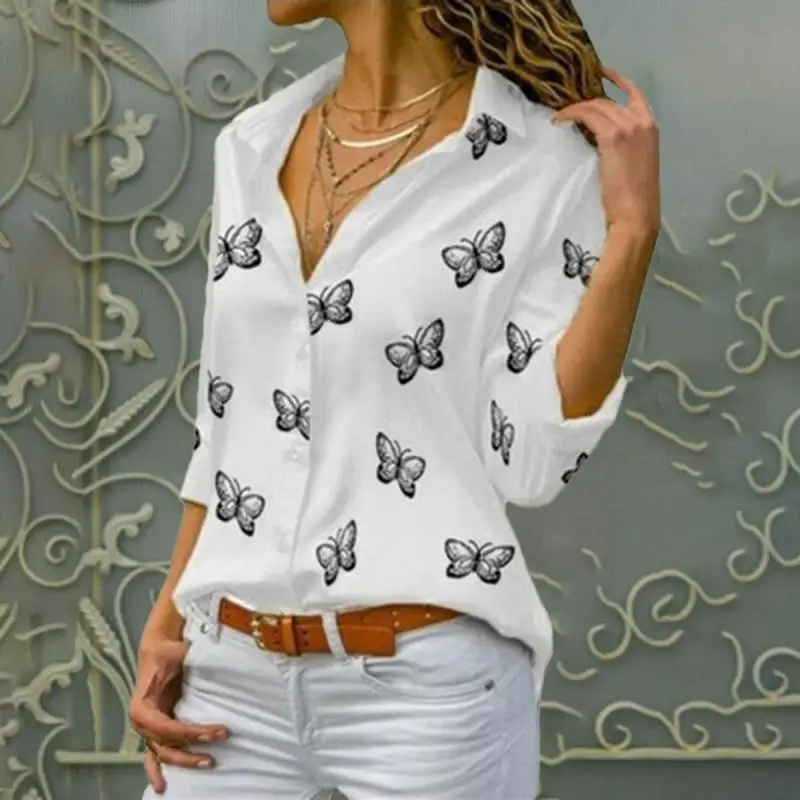 Fashion Women's Butterfly Print Blouses Casual Long Sleeve V Neck Buttons Tops Loose Shirts