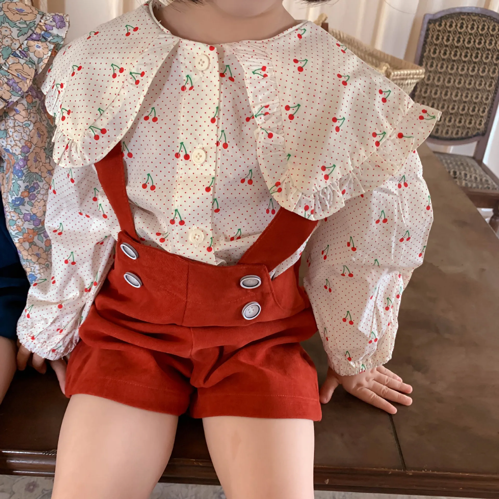 2022 Spring New Girls Large Lapel Shirts Children Long Sleeve Shirts Cute Cherry Print Blouse Baby Girls Cotton Bottoming Tops