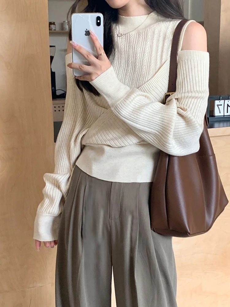

Женский Асимметричный свитер с открытыми плечами и круглым вырезом, однотонная шикарная одежда, осень 2023, простой Повседневный пуловер