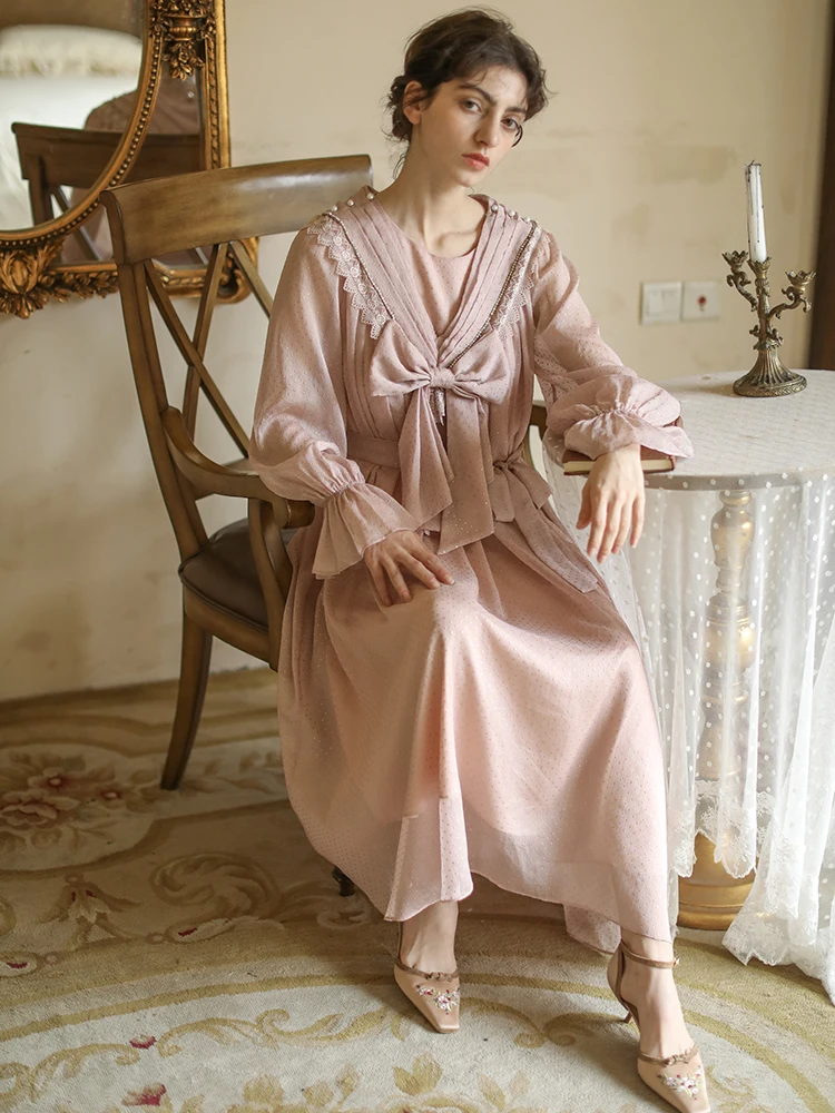 Original Design AIGYPTOS Women's Dress Spring 2022 Vintage Elegant Bow Pink Dress Lace Detachable Collar Polka Dot Midi Dress