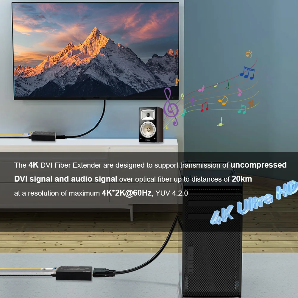 Mini 4K DVI Fiber Extender UHD DVI to Fiber Convert Optical Transceiver with External Stereo Audio/RS232 Single-mode 20km