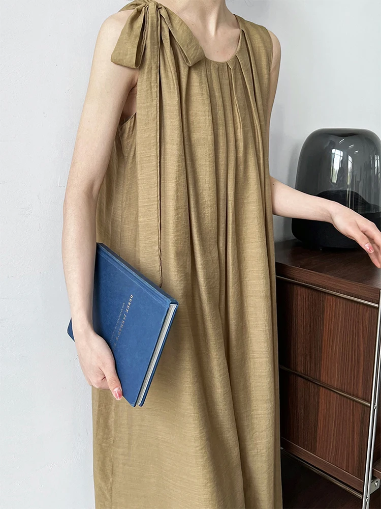 

Jastie Elegant French Pleated Sleeveless A-line Dress Women Simple Thin Sundress Holiday Dress Casual Loose Big Swing Dresses