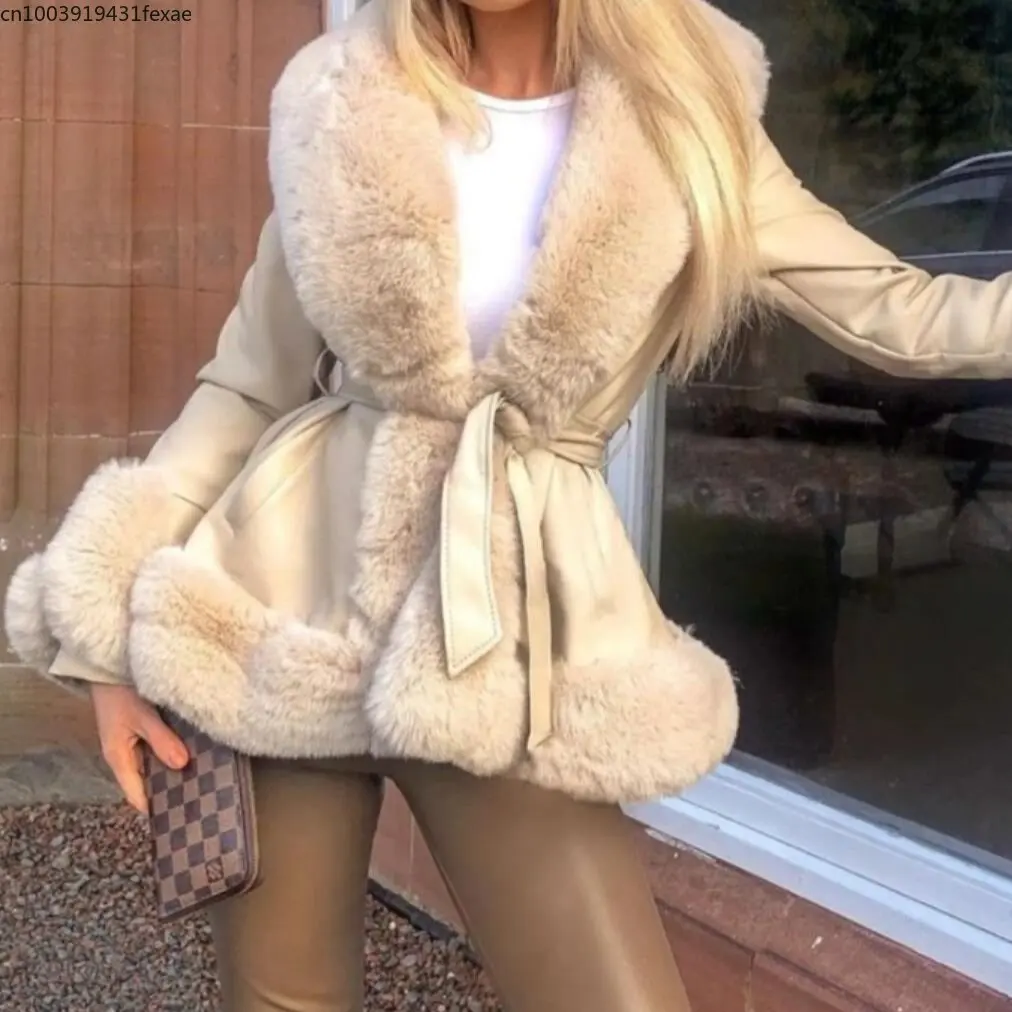 Women Faux Fur Lapel Collar Leather PU Warm Coat with Belt Female Elegant Winter Corset Cardigan Jacket Windbreaker