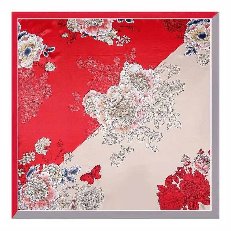 Большой Квадратный Шелковый Шарф 90 См Женский Элегантный Двухцветный Узор Пиона