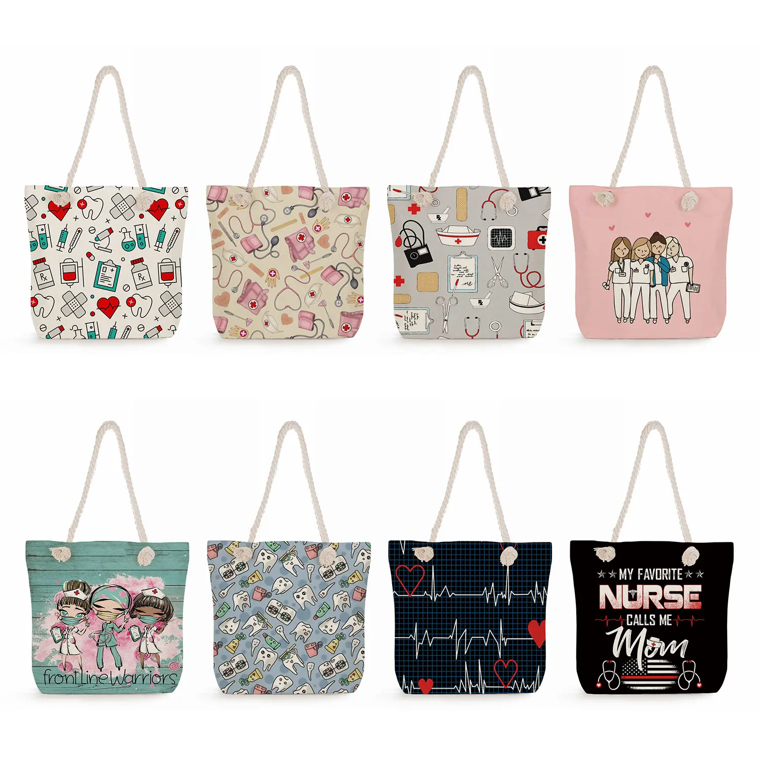 

Handbags Big Size Beach Bag Practical Eco Portable Nurse Electrocardiogram Grid Print Shoulder Bags Fashion Simple Women's Tote