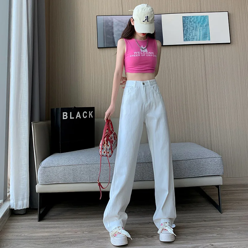 

Женские джинсы с высокой талией, прямые, уличные, широкие, универсальные, модные, повседневные, джинсовые штаны, джинсы, брюки, одежда, новинка, однотонные