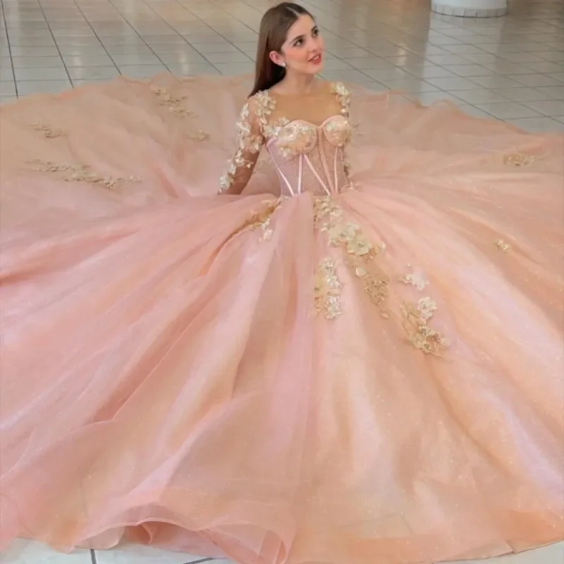 

ANGELSBRIDEP с длинным рукавом румяна Quinceanera платья бальное платье золотые кружева аппликации 3D цветочные платья 15 лет милое 16 платье