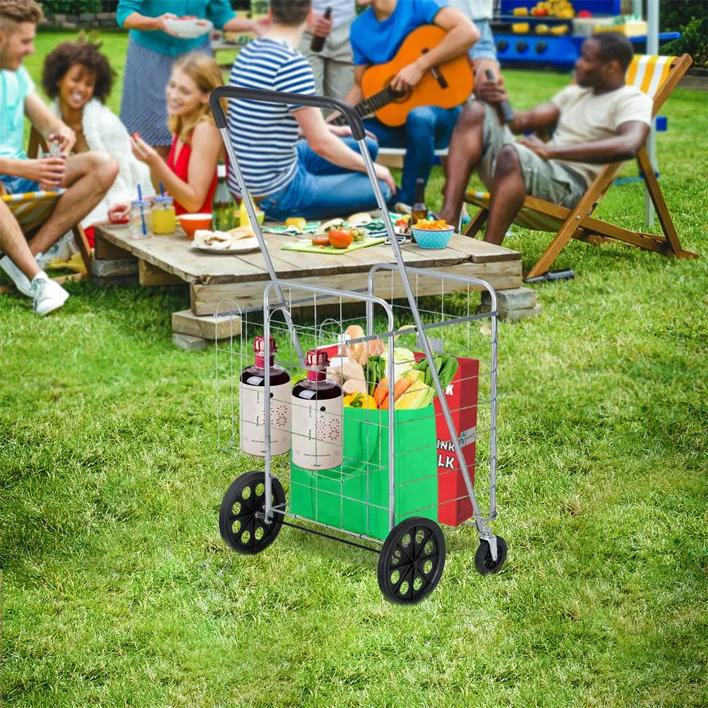 

Iron Shopping Cart With Swivel Front Wheels 1200mm Telescopic Armrest 0.8mm 16 Gauge Round Tube 50kg Load-bearing Foldable