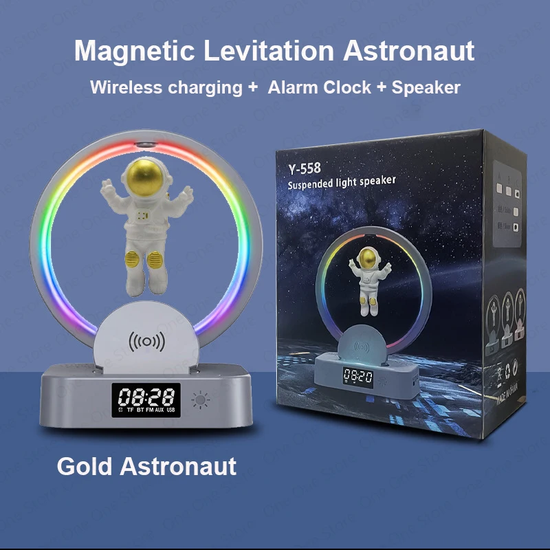 

Wireless Charger Alarm Clock Speaker For iPhone 14 12 13Pro Maglev Astronaut Night Light Fast Charging Station Stand For Huawei