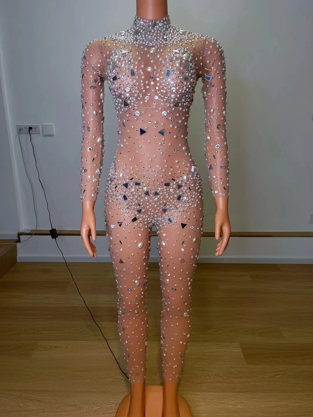 

Sparkly Silver Mirror Pearl Stones Dress EveningBirthdav Celebrate Jumpsuit Women Dancer WearClothing