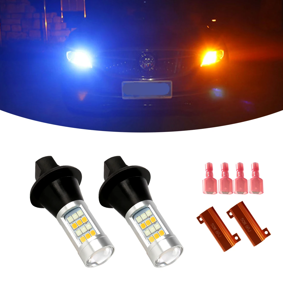 

2x DRL 42SMD Led 1156 BA15S BAU15S PY21W 7440 T20 Canbus двухцветный переключатель, Автомобильные дневные ходовые огни, указатели поворота