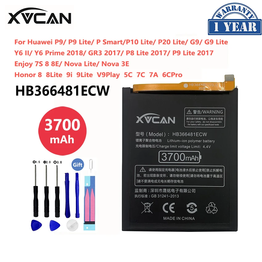 Orginal XVCAN 3700mAh Phone Battery HB366481ECW For Huawei P9 P10 P20 Lite P Smart Honor 8 9 5C 7C Lite Replacement Batteria