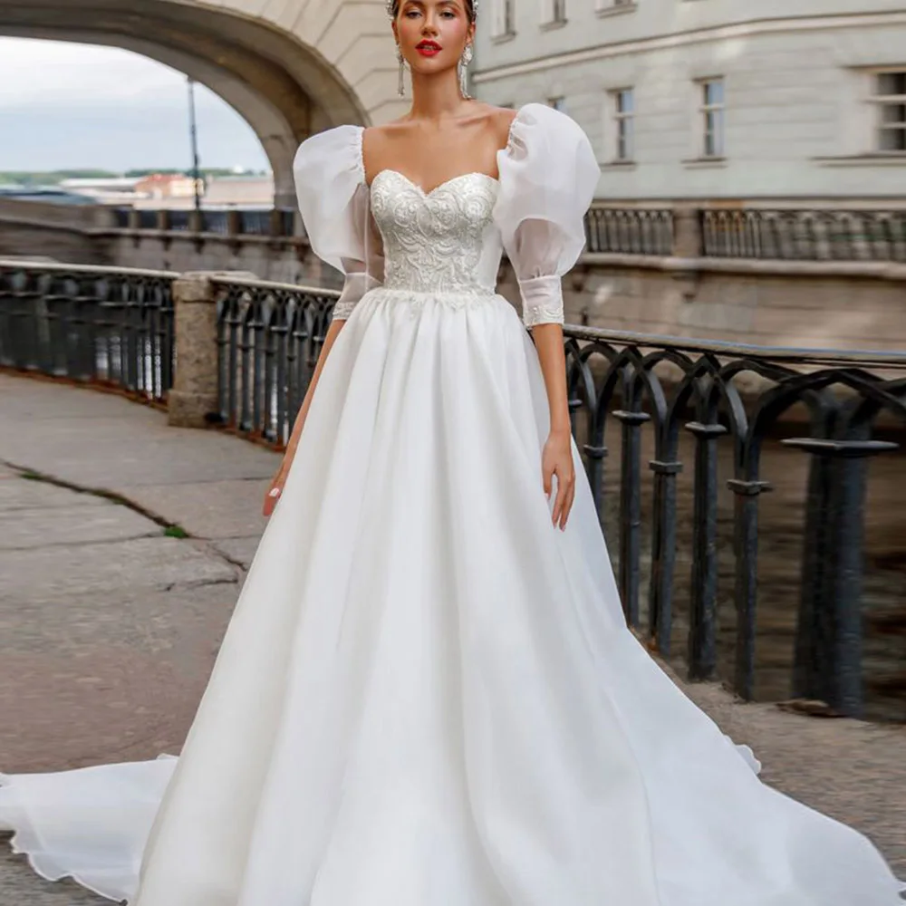 

Organza Wedding Dress For Bride 2022 Half Puff Sleeves Sweetheart Lace-up Bridal Gown Simple Boho Lace Applique Vestido De Noiva