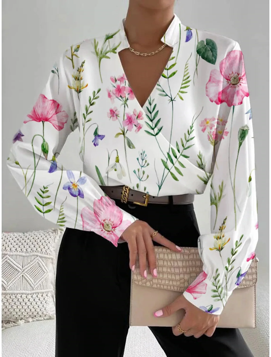 

Elegant Women's V-neck Long Sleeved Shirt 2023 Autumn/Winter Splicing Printed Blouse Office Ladies Tops S-XXL
