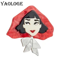 yaologe acrylic red hat girl brooches for women kids new design cartoon cute lady figure badges pins jewelry birthday party gift
