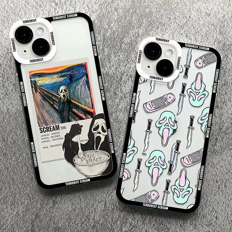 Scary Ghost Face Scream Case For iPhone 16 Pro Max 15 14 13 12 11 XS X XR 8 7 SE 2020 Soft Silicone Clear PC Back Cover