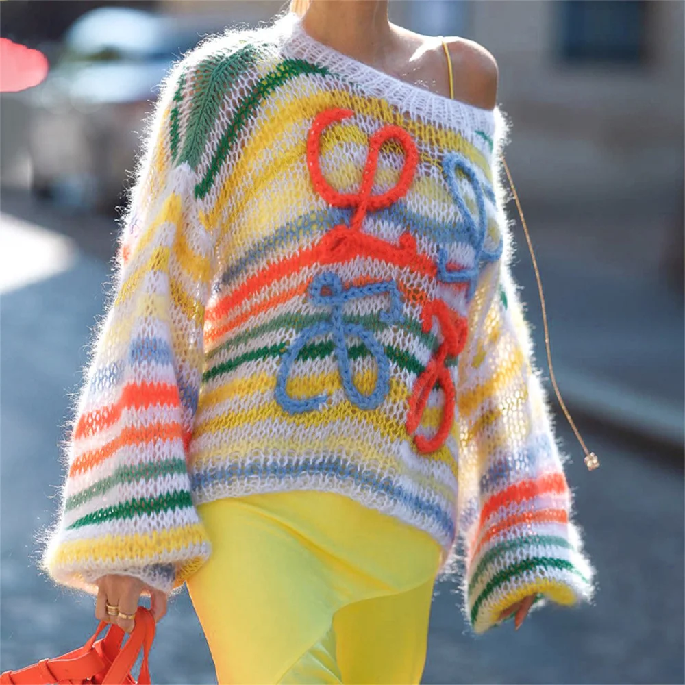 

Женский трикотажный Радужный свитер в полоску, повседневный свободный мягкий пуловер с круглым вырезом, милый контрастный джемпер, Y2K, осень 2023
