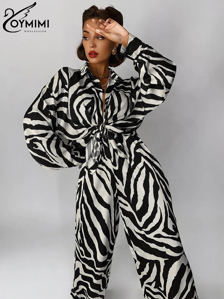 

Oymimi Fashion Zebra Print Womens 2 Piece Outfit Set Elegant Loose Long Sleeve Blouse With High Waist Pant Set Female Streetwear