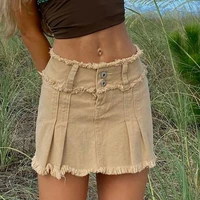 hot girl sexy breasted pleated frayed wooden ear design denim skirt fashion cowgirl skirts slimming hip raise temperament skirt