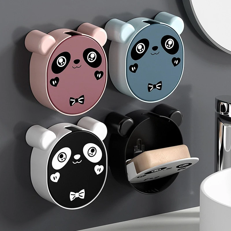 

1pc Cartoon Panda Soap Box Wall Mounted Drain Soap Dish Flip Lid Soap Box Case Waterproof Rack Creative Soap Holder for Shower