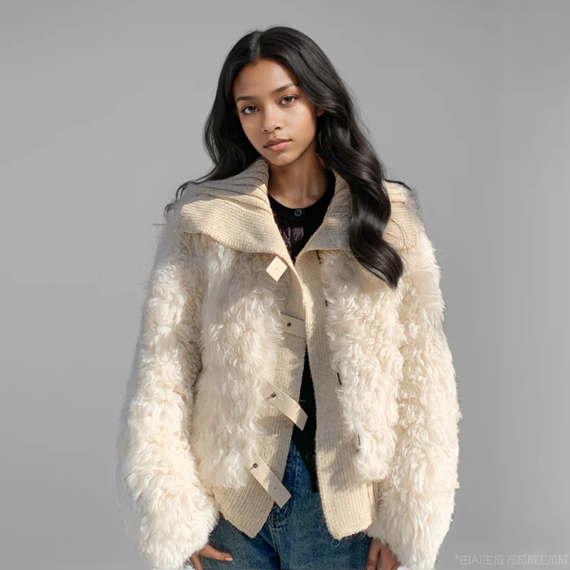 WTHT модное женское лоскутное шерстяное пальто из искусственного меха 2024 зимняя