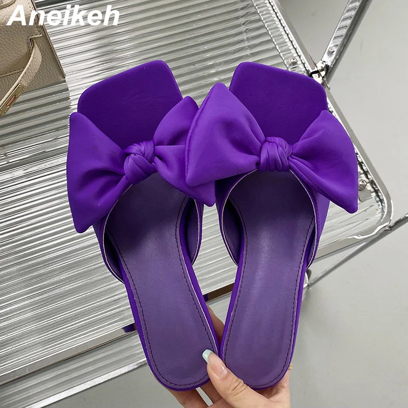 

Aneikeh 2022 Butterfly-Knot Women Shoes Summer Squared Toe Slippers Solid Concise Fashion Shallow Thin Heels Black Size 35-40