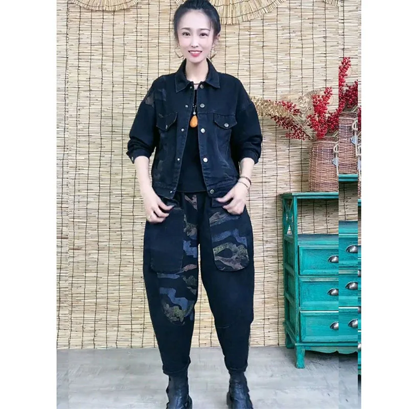 Женский джинсовый костюм с принтом в стиле ретро длинными рукавами ковбойский