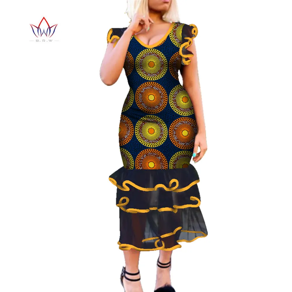 Bazin Riche African Dresses for Women Dashiki Ankara Print Draped Ruffles Lace Dresses Vestidos Women African Clothing WY4335