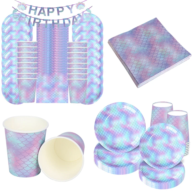 

Набор одноразовой посуды для вечеринки «русалка», бумажные стаканчики, тарелка, салфетка для девочек «русалочка», баннер для дня рождения, ...