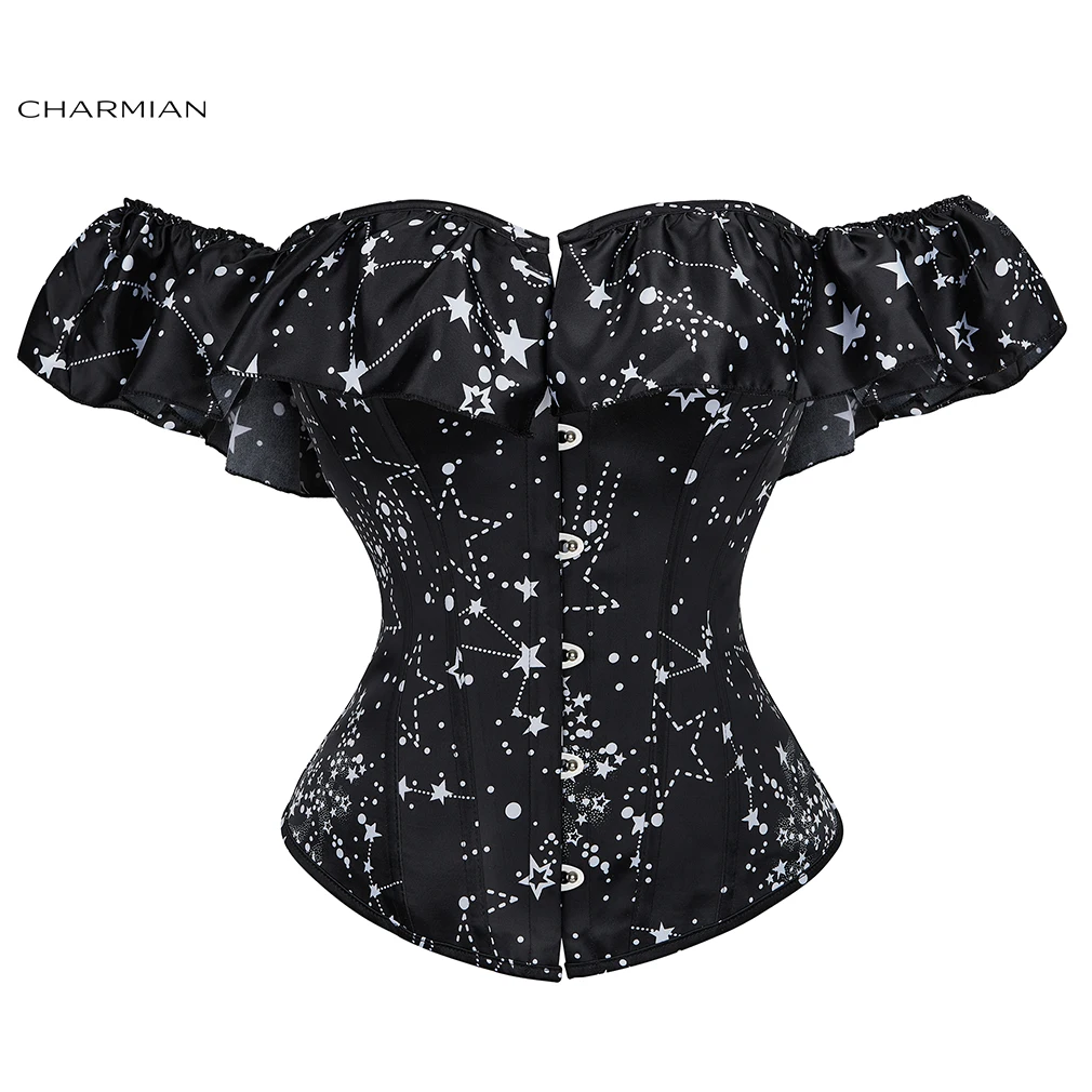 

Charmian Gothic Overbust Corset 12 Steel Boned Ruffle Off-shoulder Star Print Vintage Steampunk Body Shaper Corsets and Bustiers